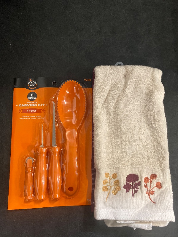 Photo 1 of Pumpkin Carving Party Kit - 8 Stencils and 4 Tools/ Threshold 2 Hand Towels 25"x15" Burgundy Plaid & Cream W/Autumn Flower