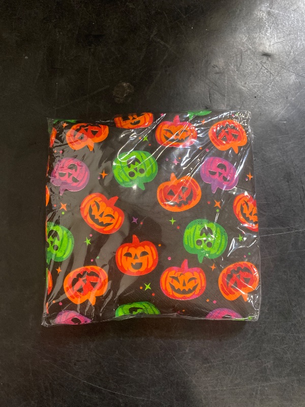 Photo 1 of (1) 10" Halloween Melamine Ghost Dinner Plate / 30 count Napkins Black Background Pumpkin Napkins/ (1) 14" Stretch spider web  