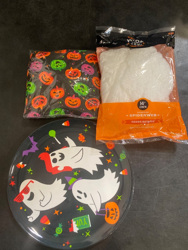 Photo 1 of (1) 10" Halloween Melamine Ghost Dinner Plate / 30 count Napkins Black Background Pumpkin Napkins/ (1) 14" Stretch spider web  