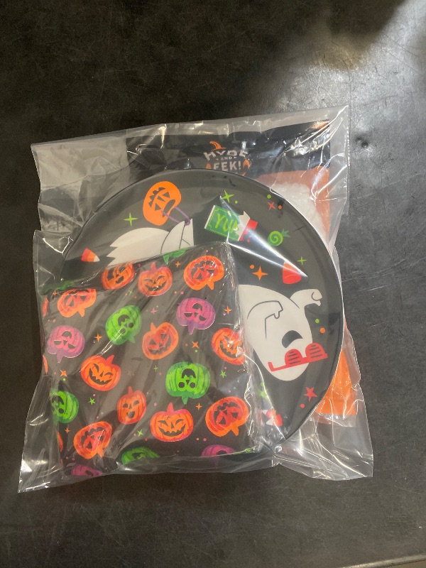 Photo 1 of (1) 10" Halloween Melamine Ghost Dinner Plate / 30 count Napkins Black Background Pumpkin Napkins/ (1) 14" Stretch spider web  