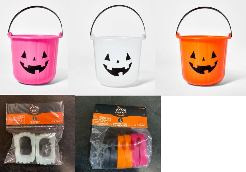 Photo 1 of 5 Pack Halloween Items 3 Pumpkins, Vampire Fangs, & Pumpkin Sensory Fidget Toy