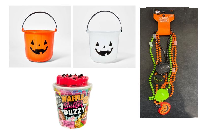 Photo 1 of 4 Pc Halloween Set -Pumpkin Stackable Halloween Trick or Treat Bucket( 2 orange- 3 clear) /Compound Kings Butter Blizzy Strawberry Waffle Slime/  6 count halloween necklace.
