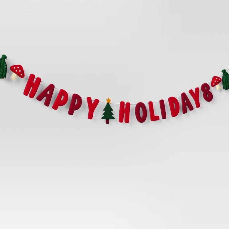 Photo 1 of 6' Fabric 'Happy Holidays' with Mushrooms and Trees Christmas Decorative Wall Garland Red - Wondershop™