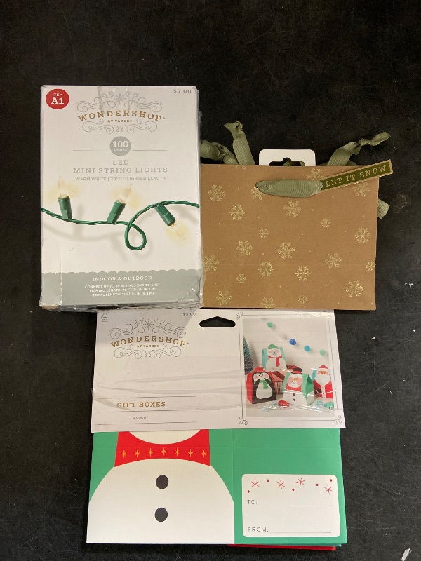 Photo 1 of 100ct LED Smooth Mini Christmas String Lights Warm White with Green Wire/ (2) Snowflakes Petite Vogue Christmas Gift Bag Brown/ 4ct Christmas Character Gift Box