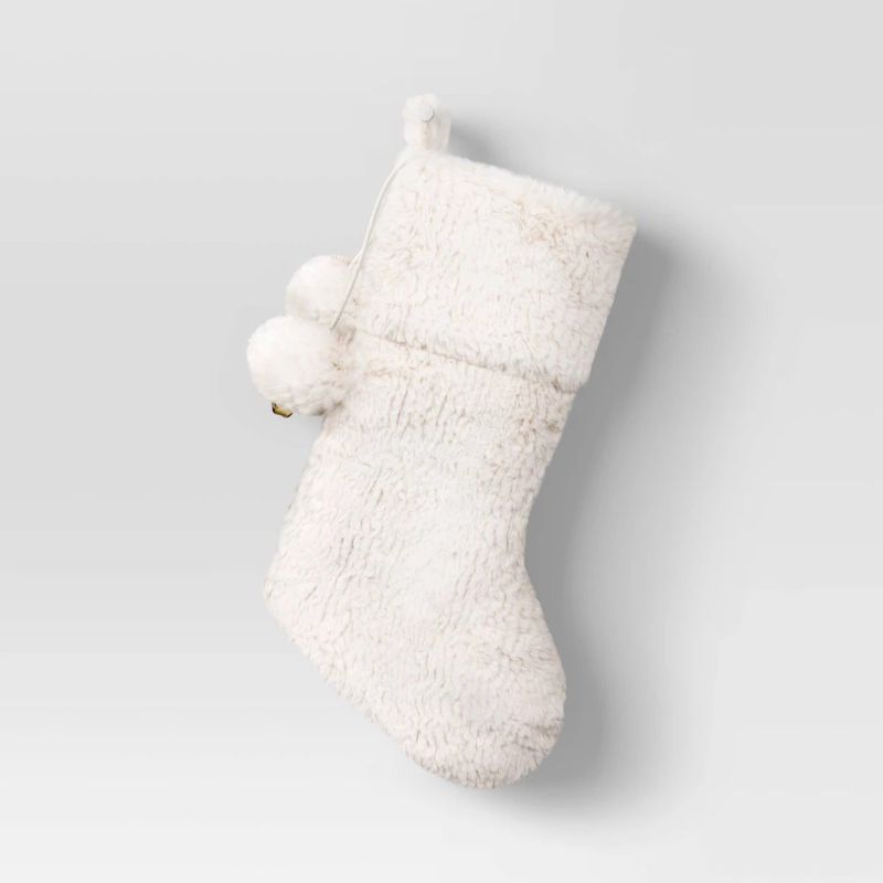 Photo 1 of 20" Faux Fur Christmas Stocking with Pom Pom Bells Ivory 