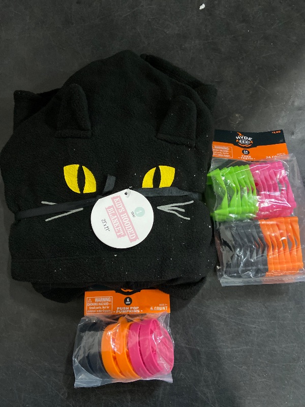 Photo 1 of NEW 2024 Bullseye Black Cat Kids Hooded Fleece Blanket 23in x 21in Halloween/ 6 push pop pumpkins/ 24 fake teeth. 