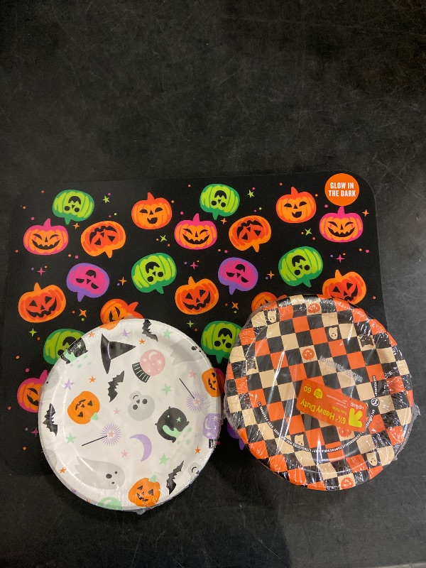 Photo 1 of 3pc Halloween Table Set Vinyl Placemats Glow in Dark & Plates