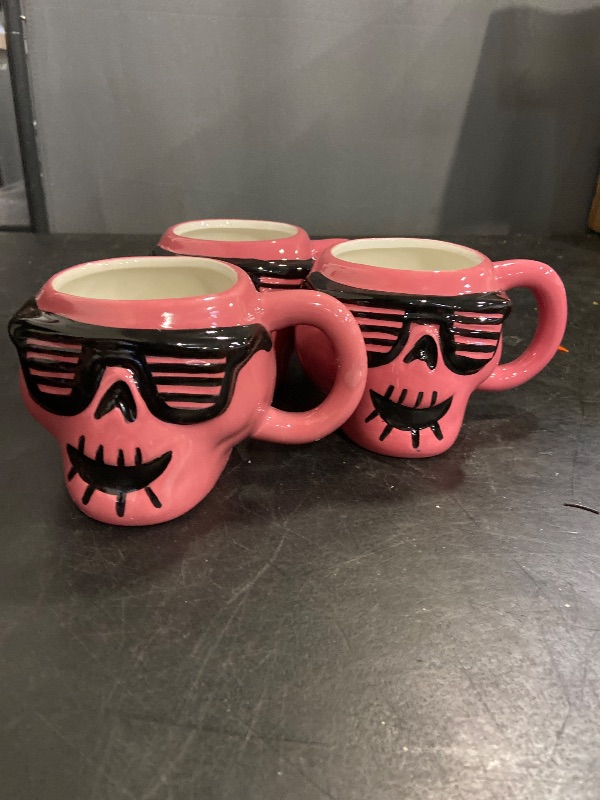 Photo 1 of (3) 14.8 Fl Oz Halloween Earthenware Figural Skull Mug Pink