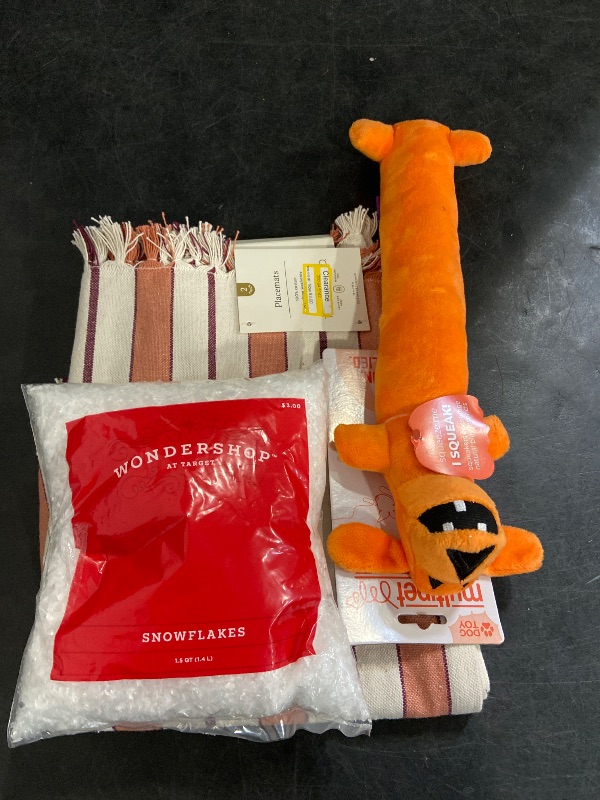 Photo 1 of 4 Pack Miscellaneous Items - 2 Placemats , 1 Dog Toy , 1 Bag Of Fake Snowflakes 