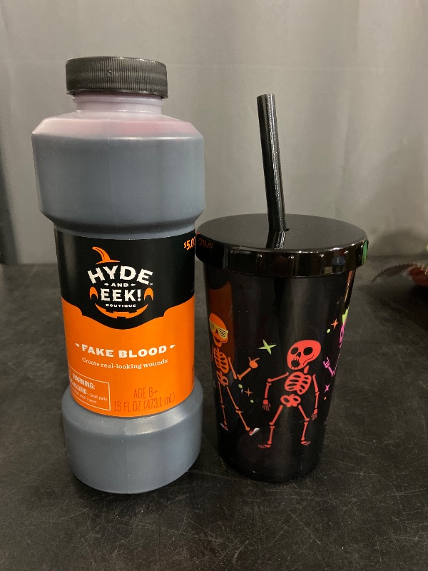 Photo 1 of 16oz Liquid Fake Blood Halloween Makeup/ 12 Fl Oz Halloween Ghost/Skeleton Tumbler with Straw Orange