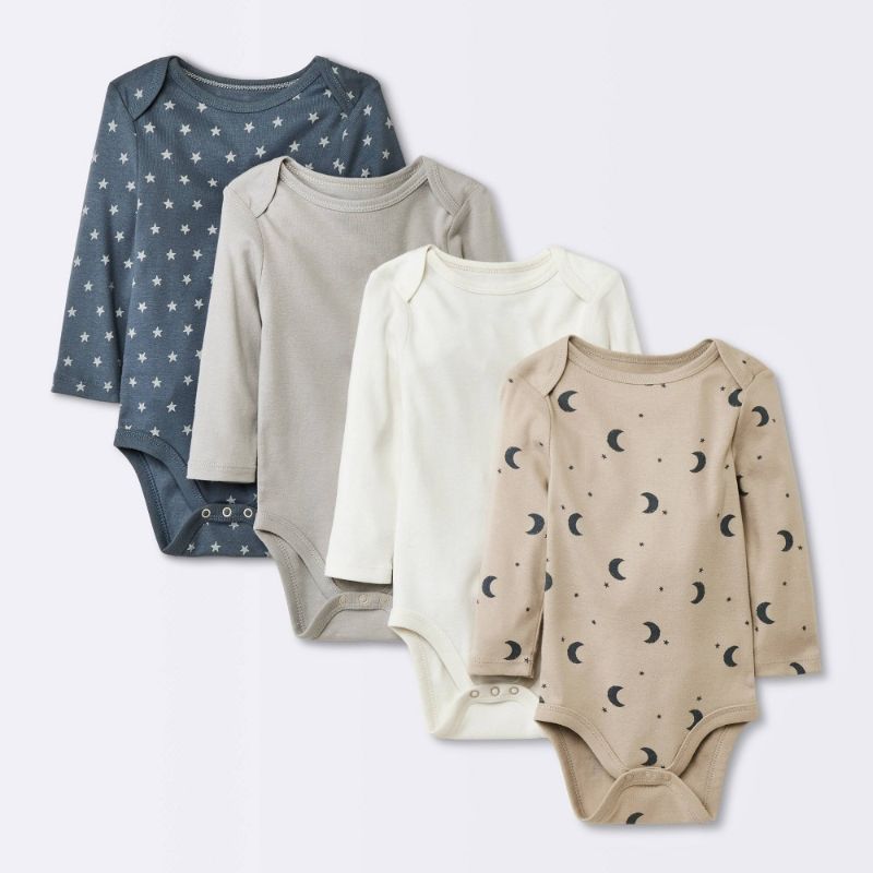 Photo 1 of 0-3M Baby 4pk Long Sleeve Moons Bodysuit - Cloud Island Cotton Infant Apparel, Crotch Snap, Lap Shoulder Design