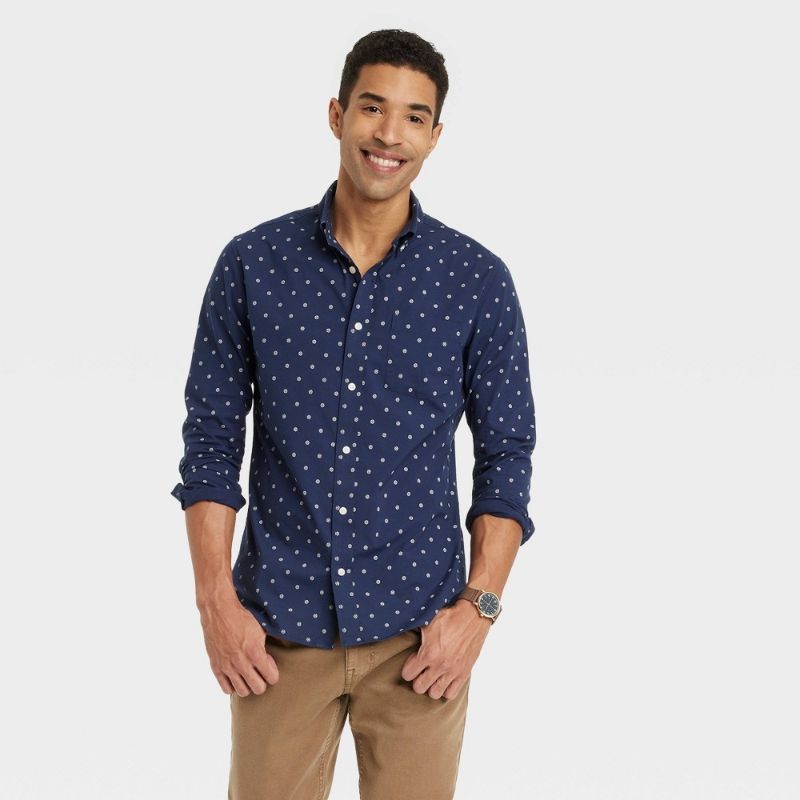 Photo 1 of L Men's Floral Print Long Sleeve Button-Down Shirt - Goodfellow & Co™ Navy Blue L: Slim Fit, Poplin Fabric