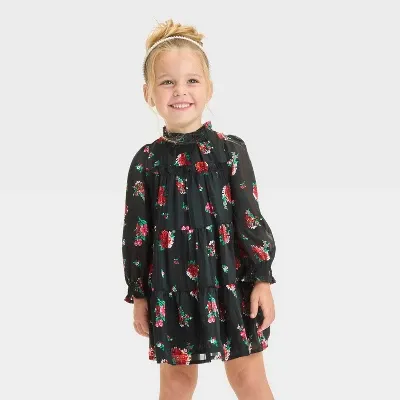 Photo 1 of L Plus Girls' Long Sleeve 'Floral' Woven Dress Black