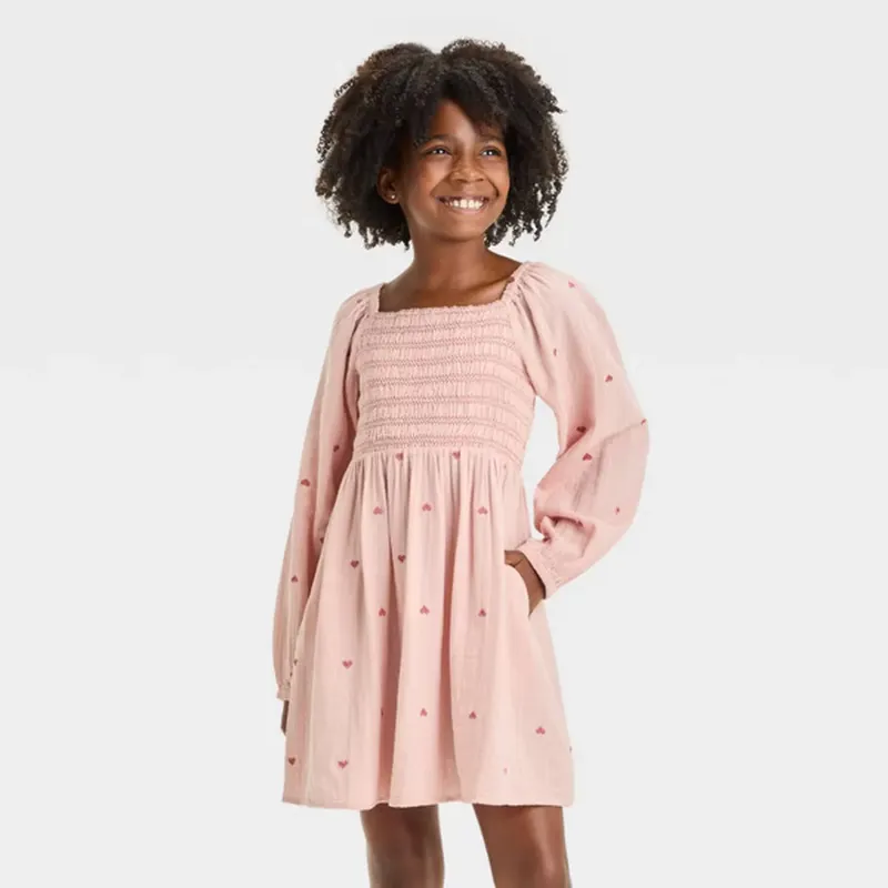 Photo 1 of XL Girls' Long Sleeve Woven Embroidered Heart Dress Pink