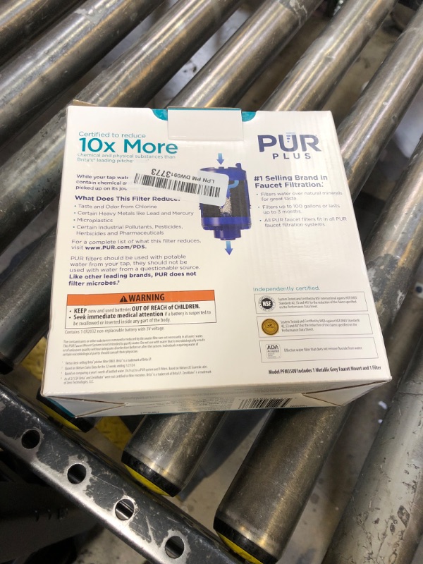 Photo 1 of PUR PLUS Horizontal Faucet Mount Water Filtration System with 3-in-1 Lead Reducing Filter for Great-Tasting Filtered Tap Water, Lasts 100 Gallons, Fits Most Kitchen or Bathroom Faucets, Metallic Grey