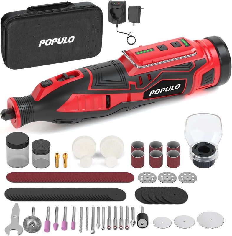 Photo 1 of POPULO 12V Cordless Rotary Tool Kit, 5 Variable Speeds, Max Load Speed up to 32000RPM, Powerful Engraver, Sander, Polisher, 114 Easy Change Accessories and Shield,Craft Tool for Handmade and DIY
