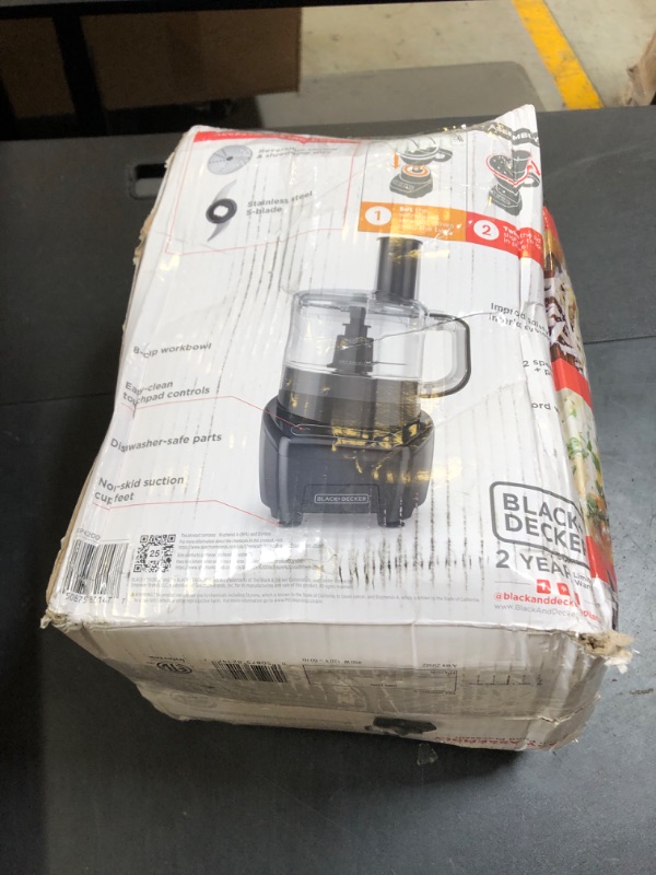 Photo 1 of BLACK+DECKER Food Processor and Vegetable Chopper, Stainless Steel Blade, 8-Cup Capacity, 450W Power with Attachments to Shred, Slice, Mince, Grind, and Puree