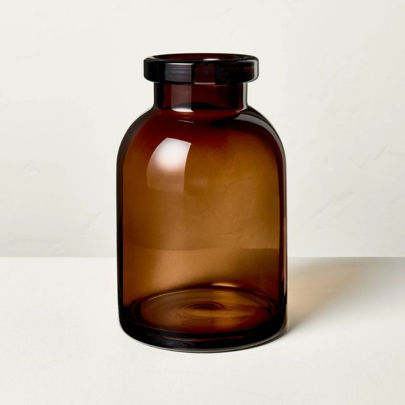 Photo 1 of 9" Tinted Glass Jug Vase Amber - Hearth & Hand™ with Magnolia: Farmhouse Tabletop Decor, Watertight Flower Holder
