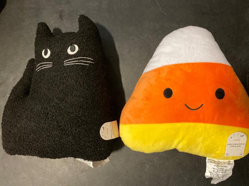 Photo 1 of 15" T Black Cat Plush Toss Pillow 2024 Halloween Always First, and 13" Candy Corn Plush 
