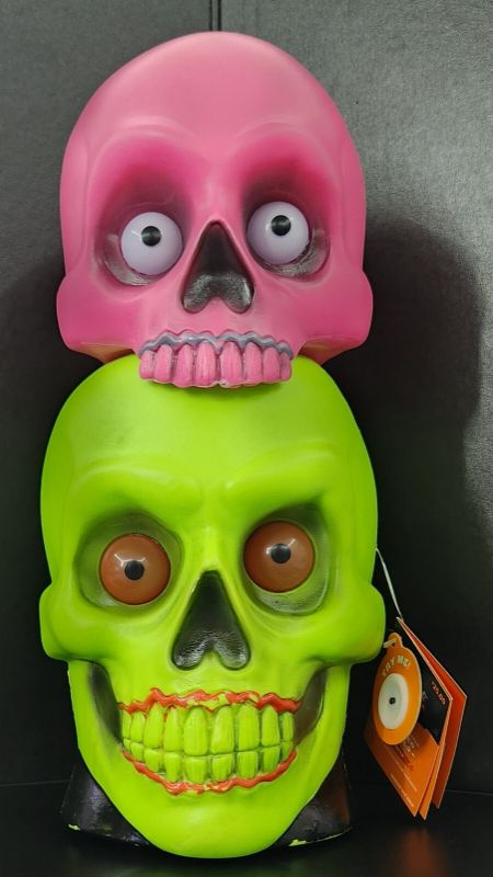 Photo 1 of Hyde Eek Neon 14" Light Sound Stacked Skulls Halloween Blow Mold Pink & Green