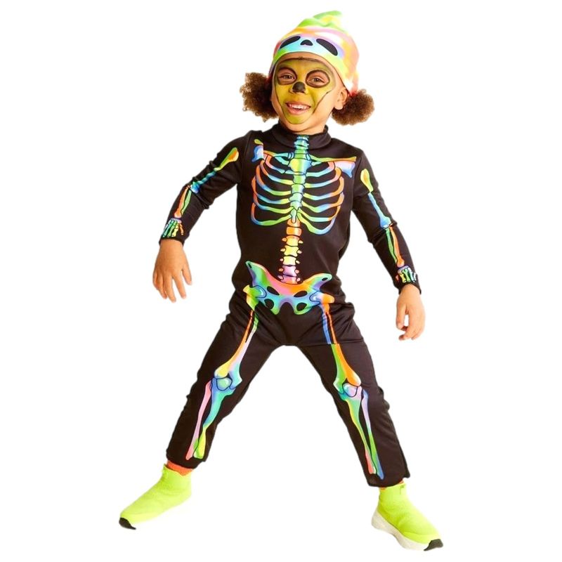 Photo 1 of Toddler Boys Colorful Skeleton Black Jumpsuit & Beanie Halloween Costume