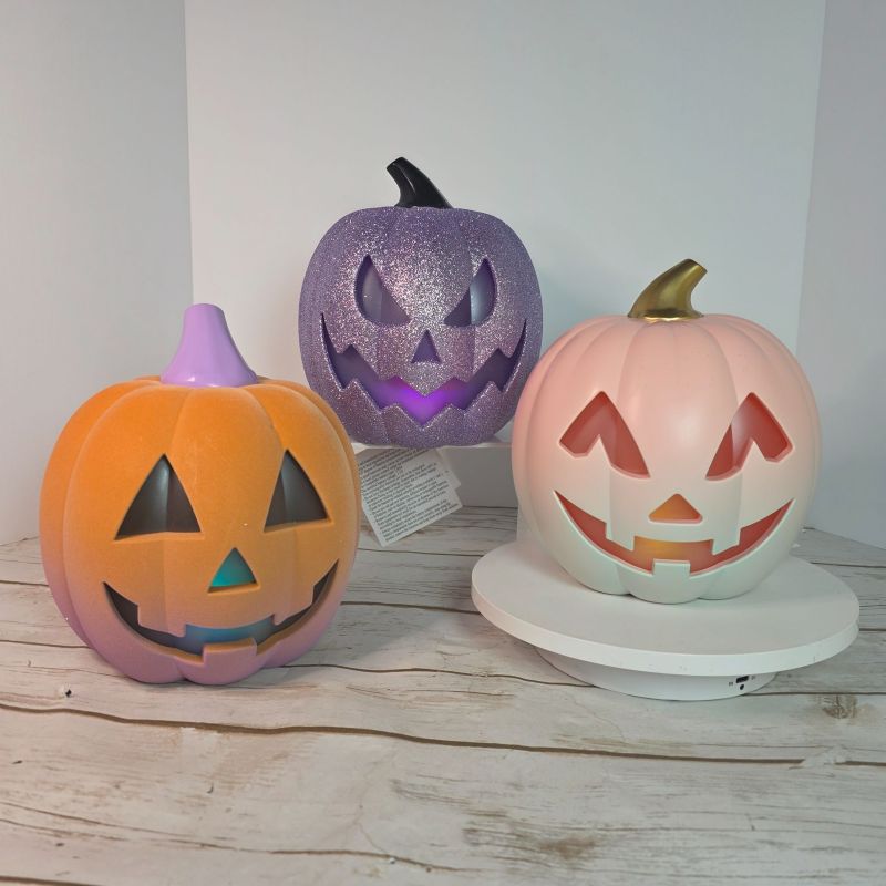 Photo 1 of 3 pack 2 pinks 1 purple Light-up Halloween Pumpkin Trio with Glitter 