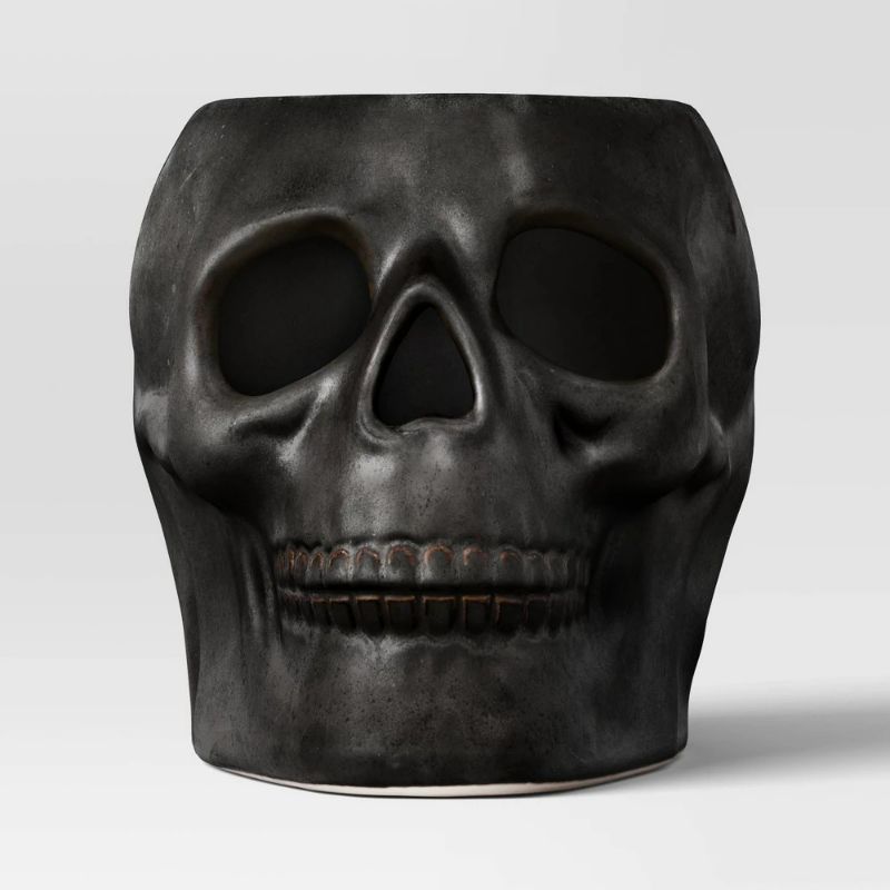 Photo 1 of 6.12"x8.25" Large Patina Pillar Ceramic Skull Candle Holder Black - Threshold