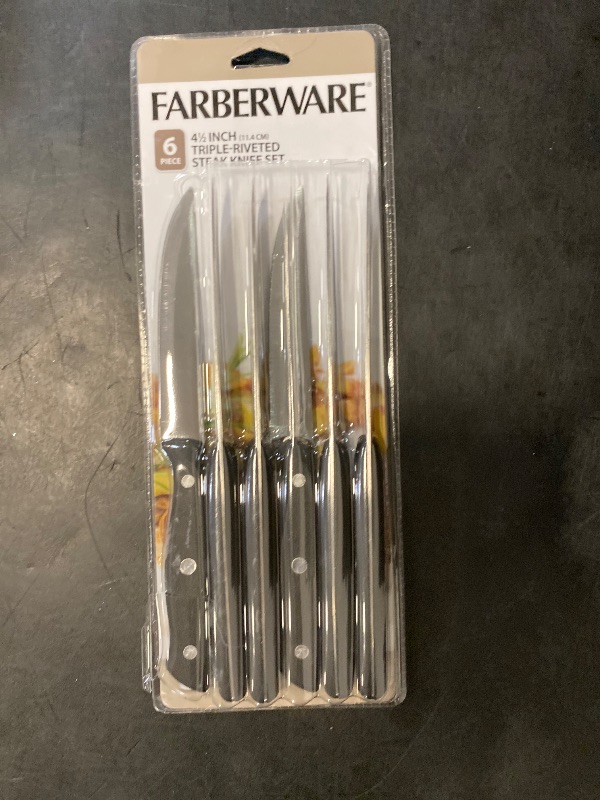 Photo 1 of Farberware 6pc Steak Knife Set: Stainless Steel Blades, Black Plastic Handles, Hand Wash, Lifetime Limited Warranty