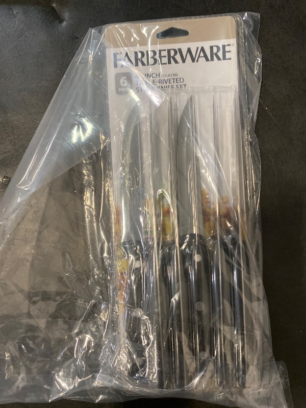 Photo 1 of Farberware 6pc Steak Knife Set: Stainless Steel Blades, Black Plastic Handles, Hand Wash, Lifetime Limited Warranty