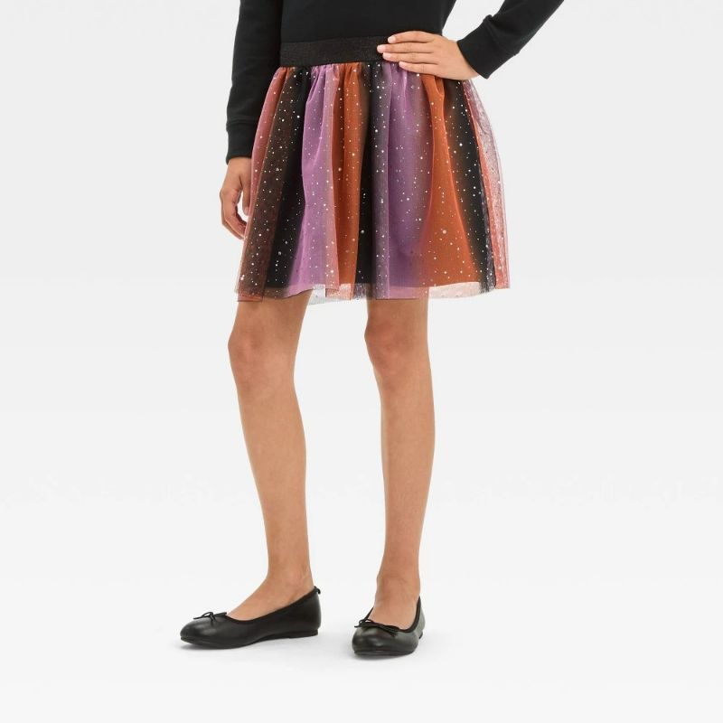 Photo 1 of S (6-7) Girls Shiny Orange Purple & Black Rainbow Ruffled Halloween Tutu Skirt
