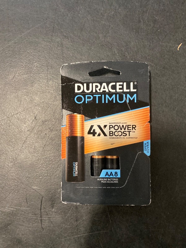 Photo 1 of Duracell Optimum AA Batteries with Power Boost Ingredients, 8 Count Pack Double A Battery with Long-lasting Power, All-Purpose Alkaline AA Battery for Household and Office Devices