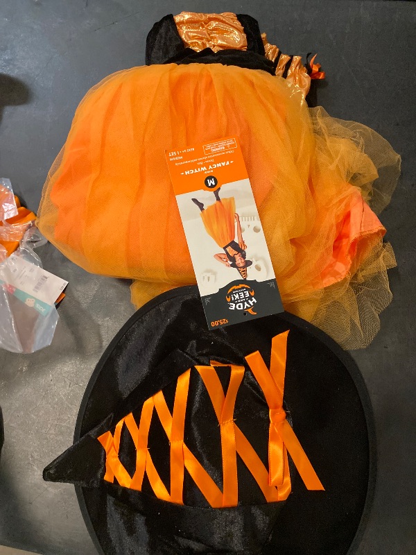 Photo 1 of Size M Girls Orange & Black Fancy Witch Dress & Hat Halloween Costume