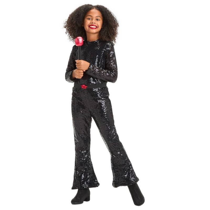 Photo 1 of Size S Girls Pop Star Glam Black Sequin Jumpsuit & Microphone Halloween Costume
