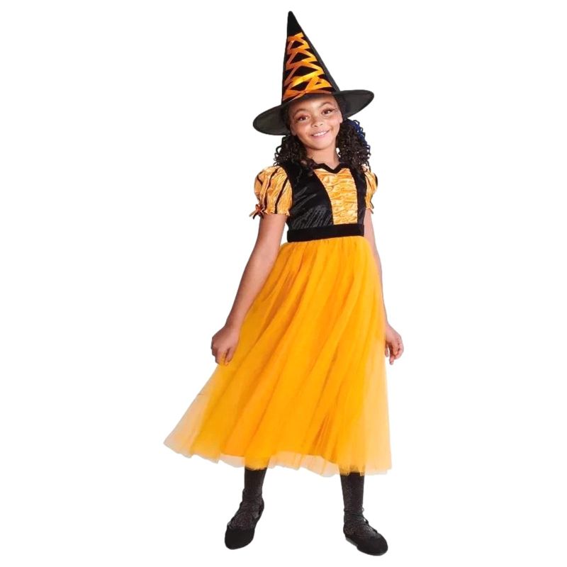 Photo 1 of Size S Girls Orange & Black Fancy Witch Dress & Hat Halloween Costume