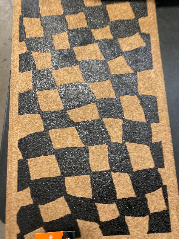 Photo 1 of 1'6"x2'6" Halloween Checkered Faux Coir Doormat Natural/Black - Hyde and EEK! Boutique
