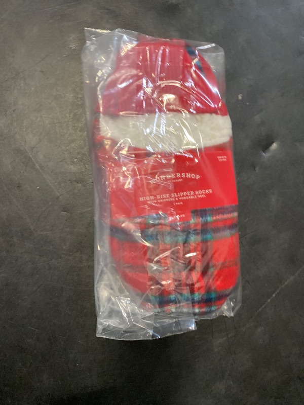 Photo 1 of Size L/XL Adult Tartan Plaid Faux Shearling Lined Slipper Socks with Huggable Heel & Grippers - Wondershop™ Red 