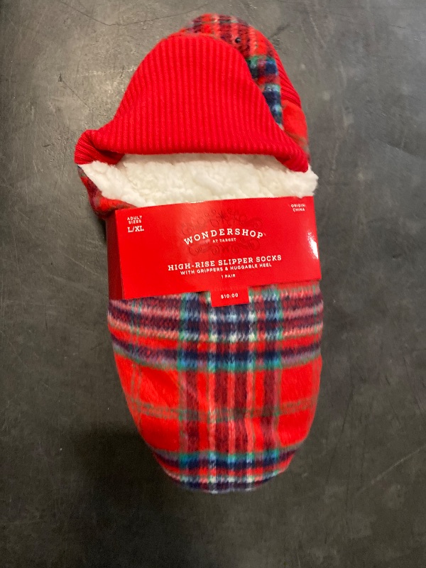 Photo 1 of Size L/XL Adult Tartan Plaid Faux Shearling Lined Slipper Socks with Huggable Heel & Grippers - Wondershop™ Red 