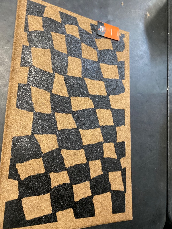 Photo 1 of 1'6"x2'6" Halloween Checkered Faux Coir Doormat Natural/Black - Hyde and EEK! Boutique