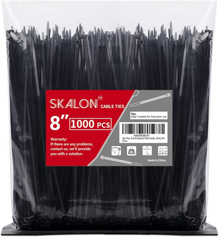 Photo 1 of Zip Ties 8 inch (1000 Pack), 40lbs Tensile Strength, Black Cable Ties, Wire Ties for indoor and outdoor use, by Skalon
