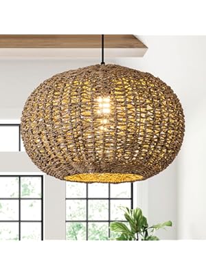 Photo 1 of 15.75in Rattan Light Brown Chandelier 1-Light Kitchen Island Pendant Lights Hand Woven Wicker Lighting for Dining Room Restaurant Living Room Hallway Yard Bedroom