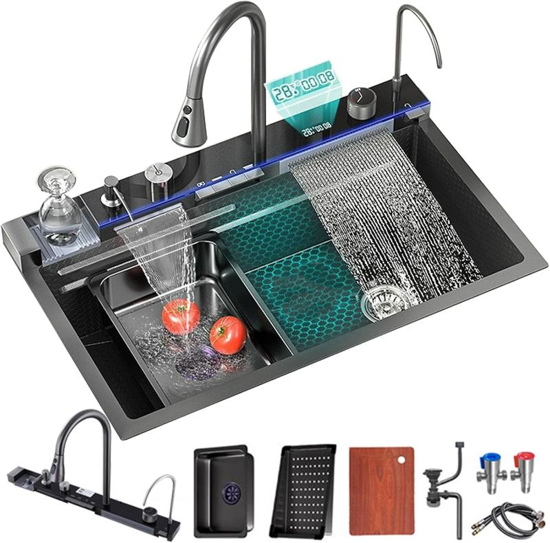 Photo 1 of Kitchen Sink Whale Digital Waterfall Sink with cup washer, soap dispenser, Flying Rain Waterfall Dispenser, Counter Controls, etc Workstation Kitchen Sink (Gun grey, 26.8 * 18.1 * 8.7 inches)