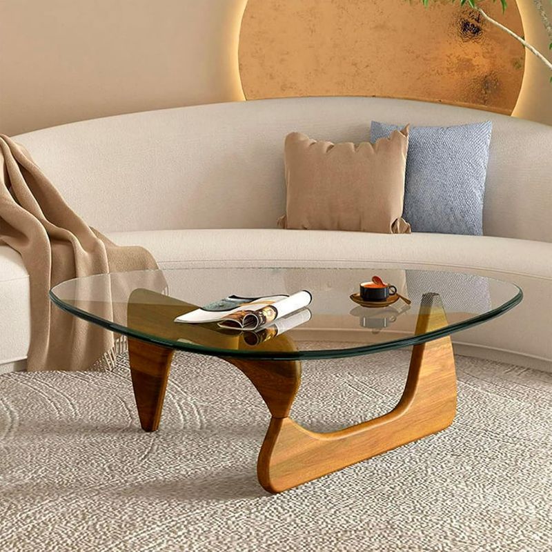 Photo 1 of Triangle Glass Coffee Table-Mid-Century Modern End Table Solid Wood Base and Vintage Tempered Transparent Glass Top Coffee Tables Living Room Balcony (32.3 * 24 * 16in, Walnut Transparent)
