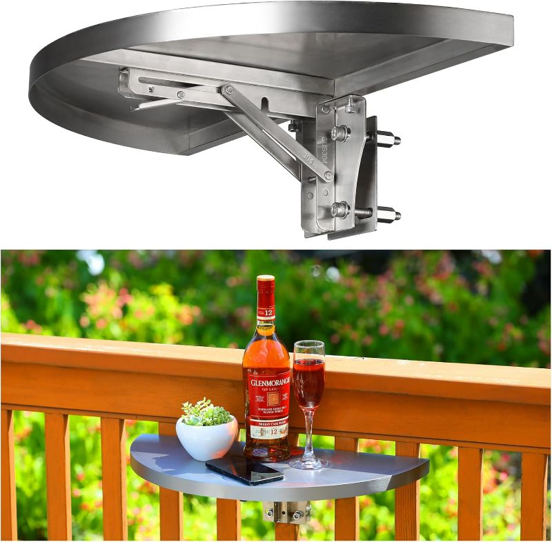 Photo 1 of Hulave 304 Stainless Steel Deck Railing Adjustable Railing Folding Table, 10.5"x21" Balcony Railing Hanging Table, for Deck Railing, Patios, Gardens Folding Patio Table (1pack-Stainless Steel)