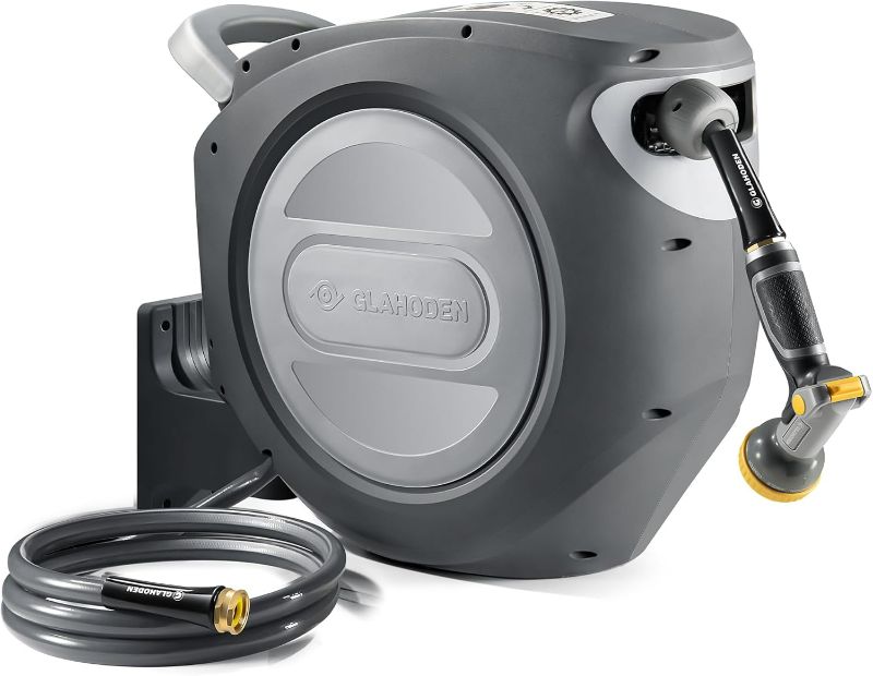 Photo 1 of Retractable Garden Hose Reel 1/2 in x 100 ft Upgraded UV Resistant Heavy Duty Automatic Hose Reel Wall Mount 3/4 in Brass Fitting 9 Pattern Nozzle Any Length Lock Slow Retraction 180° Swivel
