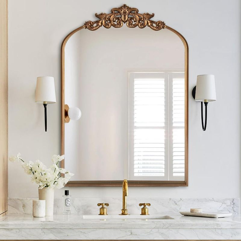 Photo 1 of Traditional Arched Mirror, Baroque Inspired Wall Mirror, Gold Antique Mirrors, Ornate Carved Vintage Fireplace Mirrors for Bathroom Bedroom Entryway, 24"x36"