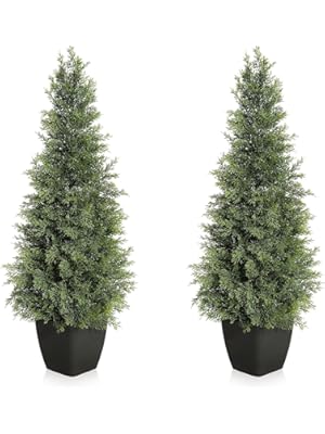 Photo 1 of GarveeHome Artificial Cedar Topiary Tree for Outdoor,36 inch Tall Faux Cedar Trees,Potted Fake Cypress Plant, Artificial Plants Indoor Outdoor for Front Porch Decor, Set of 2