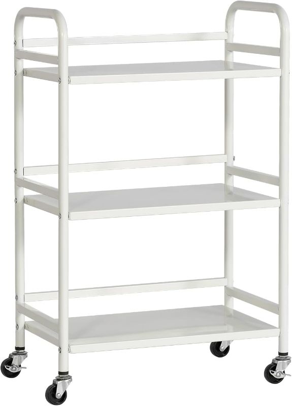 Photo 1 of DCLRN 3 Tier Rolling Cart,Storage Organizer Cart,Multifunctional Storage Shelves,Rolling Metal Organization Cart with Handle and Lockable Wheels,for Home,Office,Kitchen,Bathroom(White)