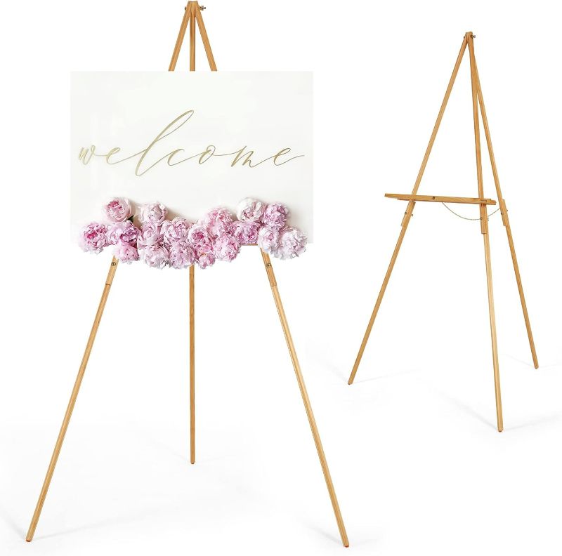 Photo 1 of VISWIN Upgraded 63" Wooden Easel Stand for Sign, Tripod Easel for Wedding Sign Stand, Welcome Board, Poster, Picture, Canvas Art Easel Floor with Tray for Display & Painting - Natural