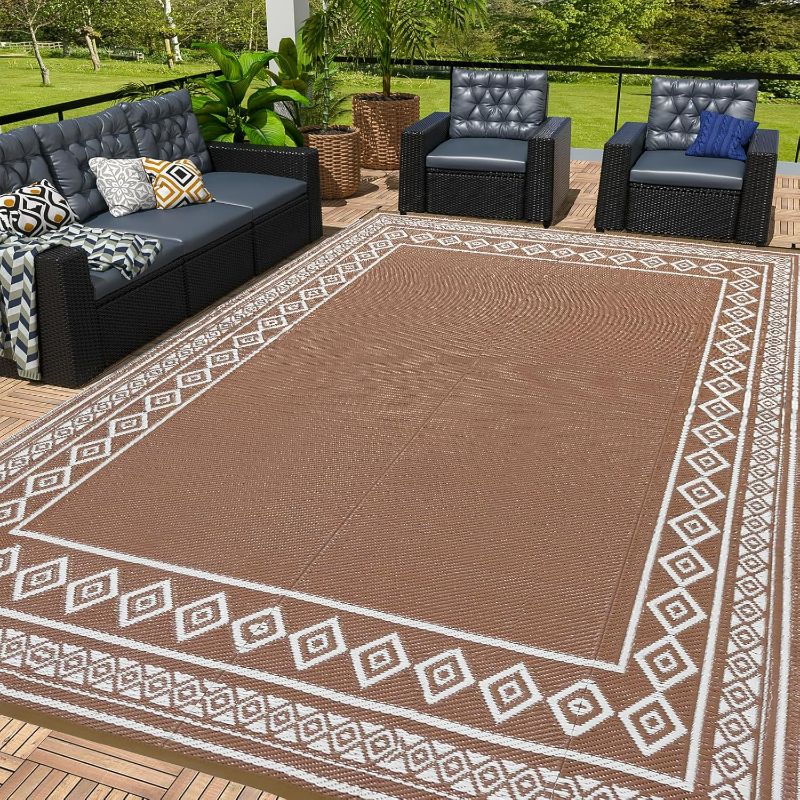 Photo 1 of OPPODREAM Outdoor Rug 8x10 Patio Waterproof, Large Outdoor Plastic Straw Rug, Reversible Out Door Carpet for Camping, Deck, Rv, 8 x 10 Area Carpet for Balcony, Porch, Backyard, White & Brown