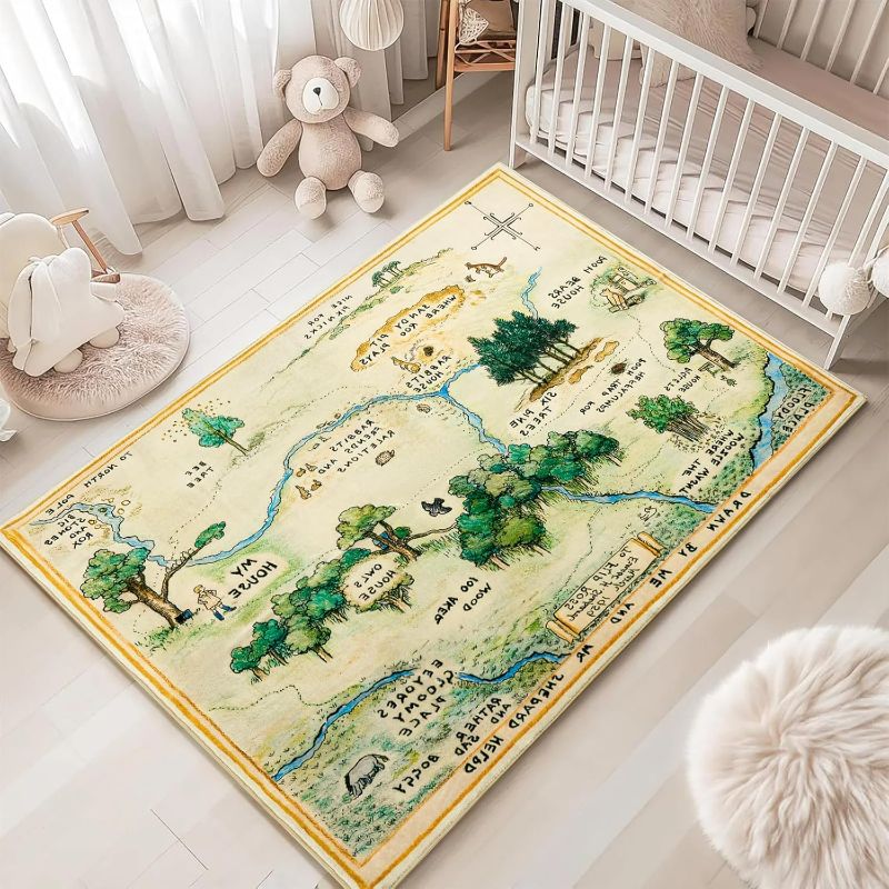 Photo 1 of Estmy 6x9 Washable Nursery Rug, Cute Woodland Kids Play Mat for Girls Boys Neutral Soft Crawling Play Mat for Classroom Children Toddlers Bedroom Stain Resistant Easy to Clean, 100 Acre Wood Map Rug